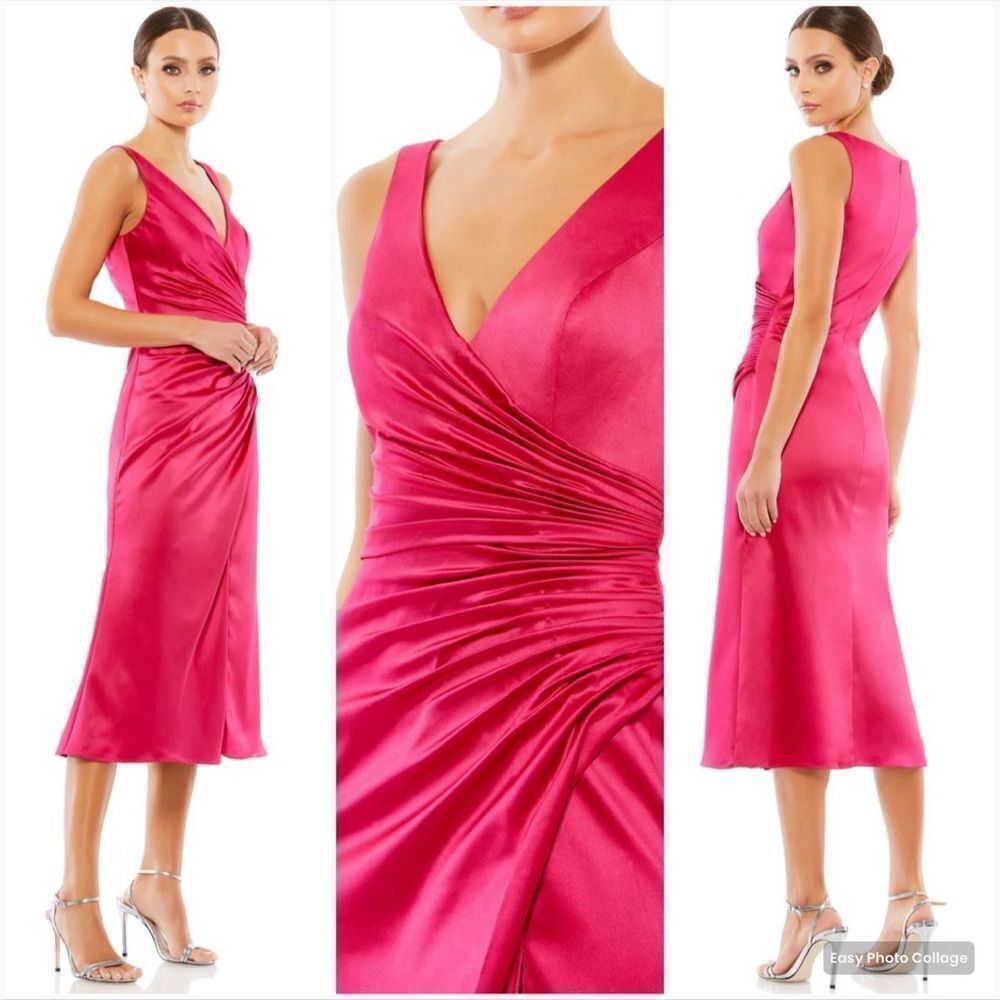 NWT Mac Duggal SATIN RUCHED V-NECK FAUX WRAP MIDI DRESS